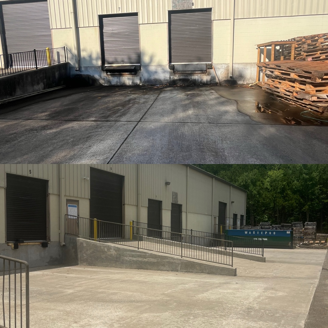 Loading docks at industrial warehouse before and after pressure washing