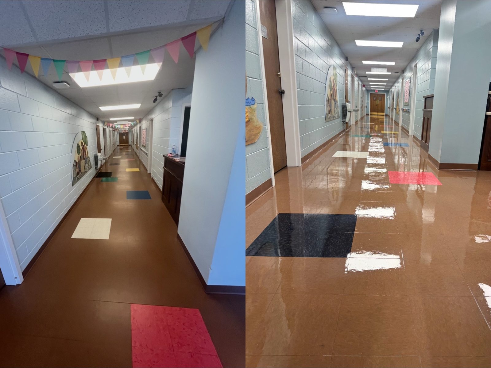 Side-by-side comparison of a tiled corridor: dull, worn flooring on the left and the same corridor after a strip and wax, with a high-gloss finish, on the right